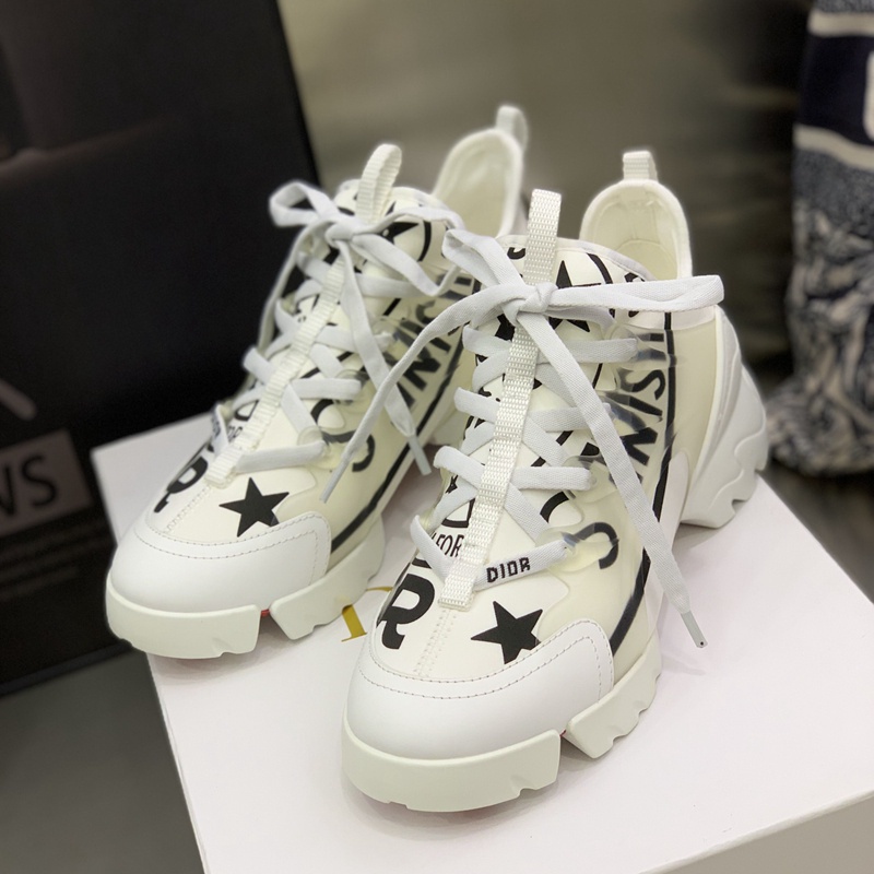 ∈Dior Classic Platform Lace-up White Shoes Jelly Color Casual Running Colorblock Dad Star Style สีขาวสบายและอเนกประสงค์