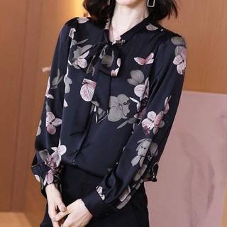 เสื้อเชิ้ตผู้หญิง เสื้อเชิ้ตลายดอกหญิงฤดูใบไม้ผลิและฤดูร้อนใหม่ 2023 สไตล์ต่างประเทศแฟชั่นผูกโบว์แขนยาวผ้าชีฟองหลวมขนาดใ