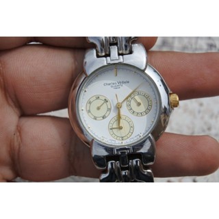 นาฬิกา Vintage มือสองญี่ปุ่น CHARLES VOGELE ระบบ QUARTZ ผู้ชาย ทรงกลม กรอบเงิน เดินหมดทุกเข็ม หน้าปัด 36มม