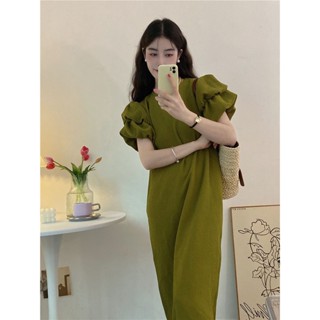 💚เตรียมจัดส่ง💚M-5XL ใหม่ฤดูร้อนแขนสั้นขนาดใหญ่รุ่นเกาหลีแขนพัฟสบายระบายอากาศออกแบบมินิมัลลิสต์ชุดสีเขียว