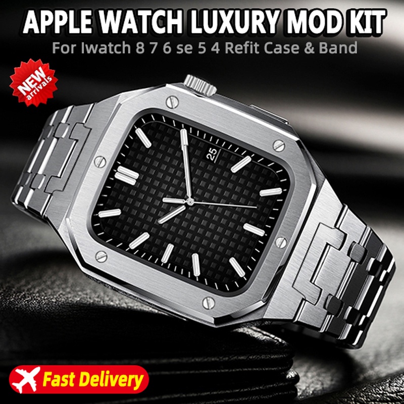 สายนาฬิกา applewatch ชุดปรับเปลี่ยนโลหะหรูหราสำหรับ Apple Watch 8 7 6 5 4 SE สายสแตนเลสสำหรับ Iwatch Series 44 มม. 45 มม