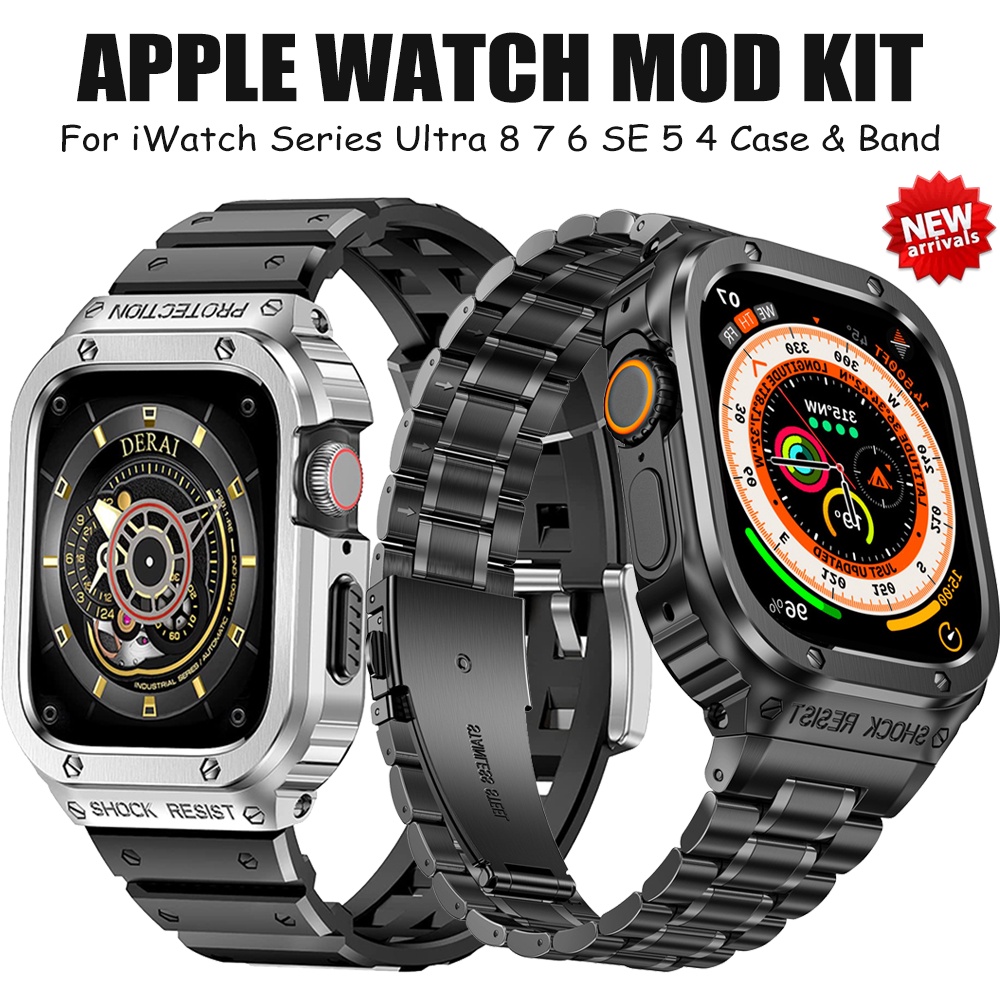 สายนาฬิกา applewatch อุปกรณ์เสริมโลหะ Mod Kit สำหรับ Apple Watch Band 45mm 44mm Stainless Steel Strap + Case สำหรับ IWat