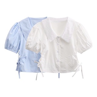 💜S-XL ฝรั่งเศสขนาดใหญ่ปกพัฟแขนสีฟ้า/สีขาวสีเหลืองเสื้อออกแบบความรู้สึกช่องสั้นเชือกเปิดเอวแขนสั้นด้านบน