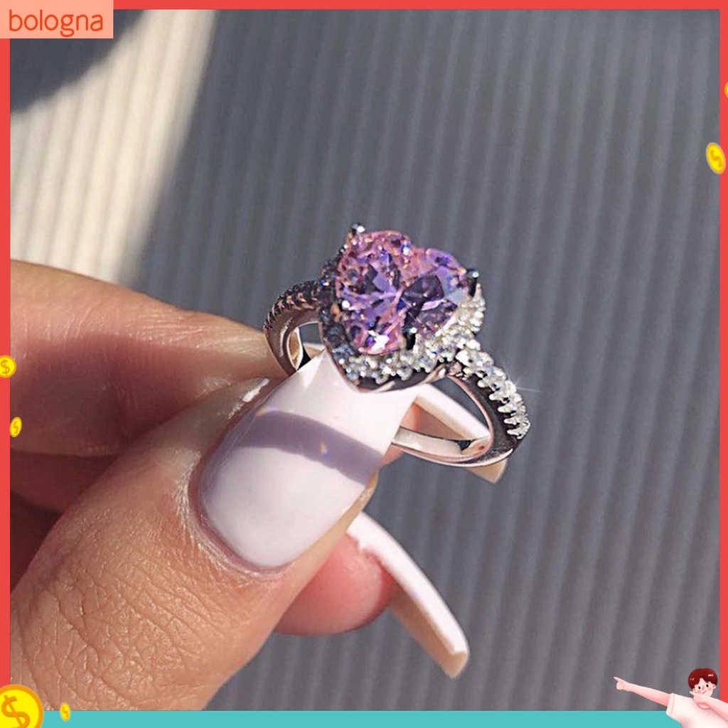 [Bologna] เครื่องประดับผู้หญิงแหวนแพลทินัมชุบรูปหัวใจสีชมพู Rhinestone