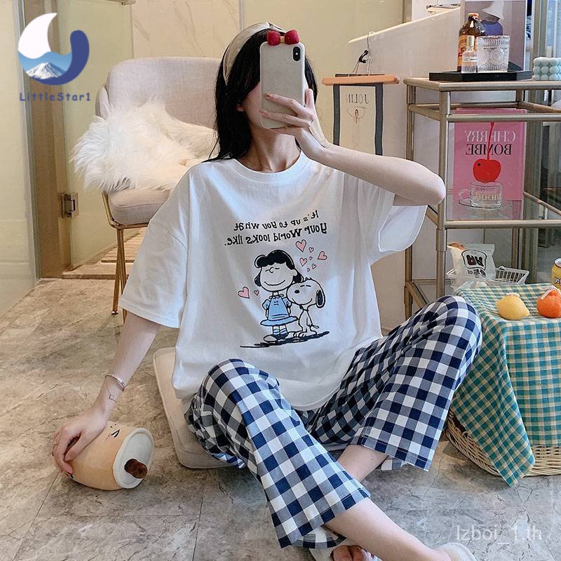 ชุดนอนลายการ์ตูน ชุดนอนลายการ์ตูน เสื้อยืด + กางเกงขายาว ชุดนอนผู้หญิง【Littlestar1】