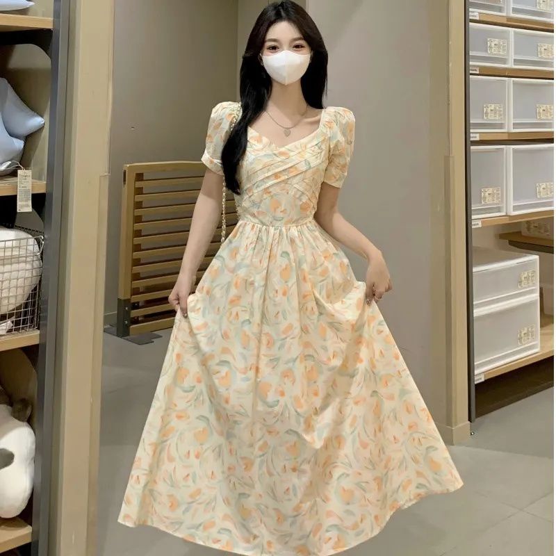 พร้อมส่ง M-4XL เดรสฝรั่งเศสย้อนยุคขนาดใหญ่ลายดอกไม้สีเหลือง/ชมพู เอวพอง แขนพอง เดรสนักศึกษาตัวเล็กสีสด