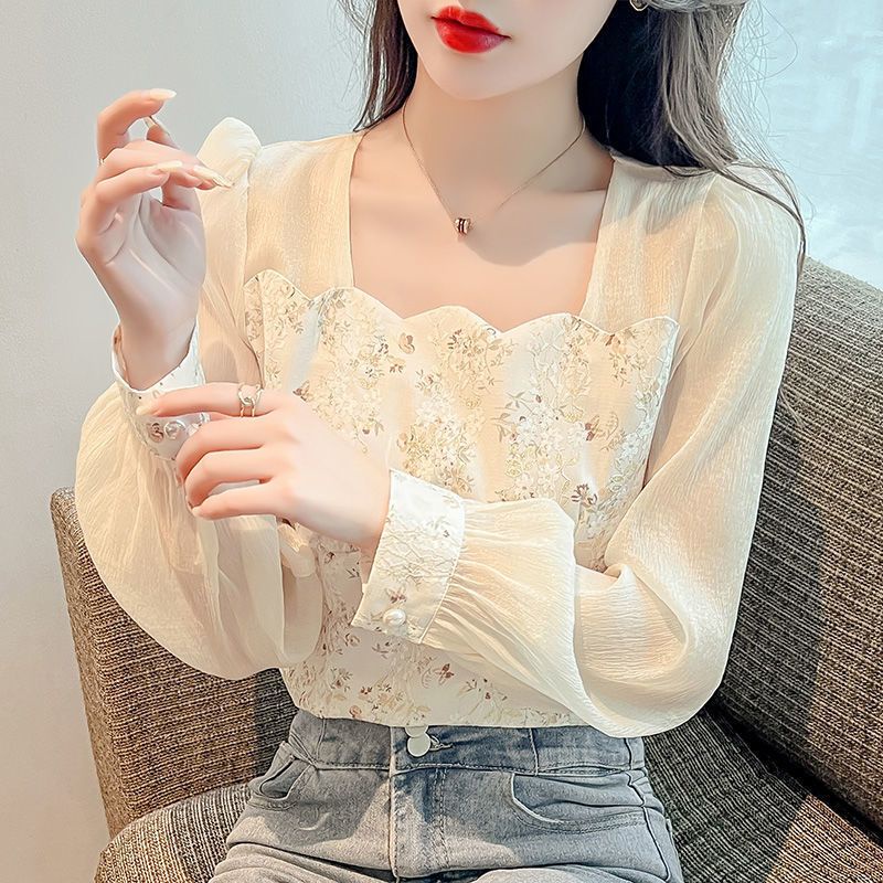 พร้อมส่ง แฟชั่นสไตล์เกาหลีสีครีมพิมพ์ลายอารมณ์เสื้อแขนยาวผ้าชีฟองหรูหราใหม่คอเหลี่ยมลูกไม้ลายดอกงานเย็บ 2 สี