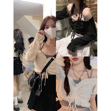 เสื้อสองชิ้นเซ็ตสุดน่ารัก ฤดูร้อน สไตล์ฝรั่งเศส-เกาหลีหวานๆ พร้อมเชือกหูรูดปรับได้ ดูดีมีสไตล์