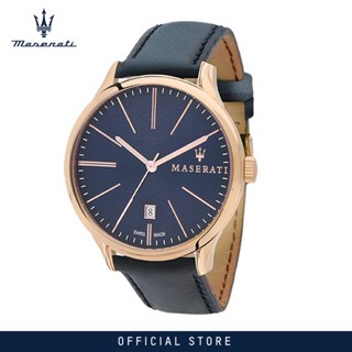 [2 Years Warranty] Maserati Attrazione 43mm Blue Leather Strap Mens Quartz Watch (Swiss Made) R8851126001