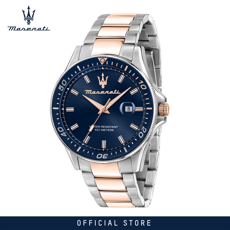 【2 Years Warranty】 Maserati Sfida 44mm Silver Rose Gold Stainless Steel Men's Quartz นาฬิกาข้อมือ R8