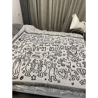 ผ้าห่มโซฟา ลายการ์ตูนกราฟฟิติ Keith haring Keith haring อเนกประสงค์ สีดํา สีขาว