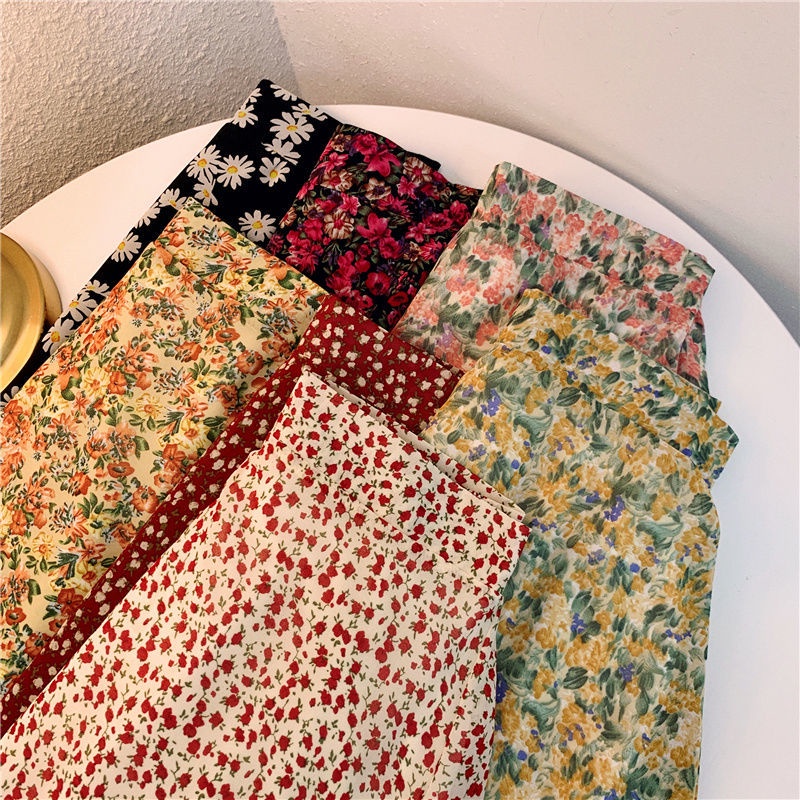 พร้อมส่ง [เจ็ดรูปแบบให้เลือก] เกาหลีขนาดใหญ่ชีฟองลายดอกไม้ยาวอินซูเปอร์แฟรี่สลิมกระโปรงทรงเอเอวสูง