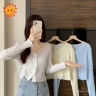 ​​พร้อมส่ง เสื้อไหมพรมแขนยาว คอวี ดีเทลลายฉลุน่ารักคิ้วๆ 【Cool summer18】