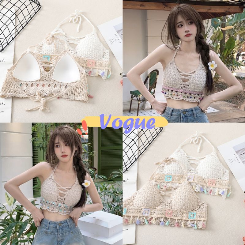 Vogue🌟พร้อมส่ง🌟 เสื้อถักไหมพรมสายเดี่ยว โบฮี่เมี่ยน (CX0008) -C