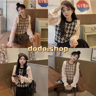 DODO*สินค้าใหม่พร้อมส่ง!! เสื้อถักไหมพรมคอกลม ลายข้าวหลามตัด แขนชีฟอง ลายดอกไม้ น่ารัก (88602)