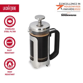 La Cafetiere Roma Stainless Steel French Press Coffee Maker/Tea Maker multiple level Filtration System, Heat Resistant Borosilicate Glass Jug with a Copper-Stainless Steel Frame and Black Handle-Silver - 3 cups/6 cups/8 cups เครื่องชงกาแฟแบบเฟร้นช์เพรส