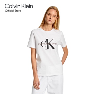 Calvin Klein เสื้อยืดผู้หญิง ทรง Regular สีขาว รุ่น J218885 YAF Organic Cotton Monogram