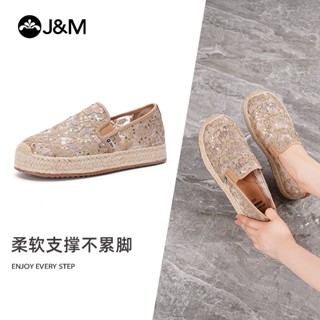 ▣✐►J&amp;M Happy Mary Sequined Hollow Fisherman Shoes Women s Straw Slip-on Slip-on Shoes Fashion Flat Loafers Women