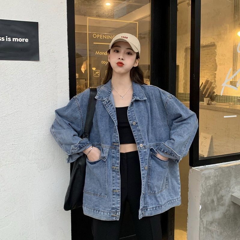 เสื้อแจ็คเก็ตยีนส์หญิง สไตล์เกาหลี โอเวอร์ไซส์ หลวมสวมใส่สบาย