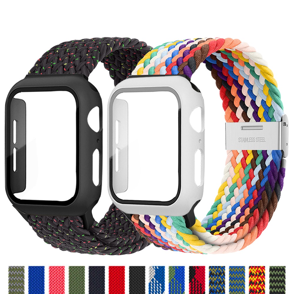 ❁Case+Band For Apple Watch Strap 44mm 40mm 45mm 41mm 42mm 38mm Nylon Elastic Braided Solo Loop bracelet iWatch Serie 3 4