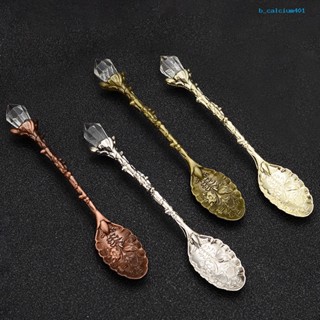 Calciwj Coffee Spoon Vintage Engraved Flower Pattern Faux Crystal Top Long Handle Food Grade