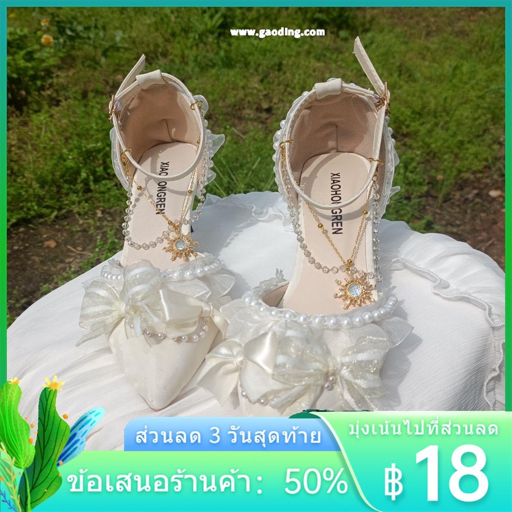 ►รองเท้าโลลิต้าส้นสูงดอกไม้งานแต่งงานสีดำสีเบจโบว์มุกต้นฉบับฝรั่งเศสผู้ใหญ่พิธีวันเกิดทำมือหญิง