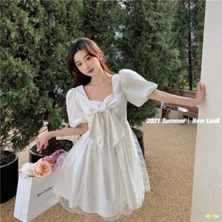 พร้อมส่ง #🌟ใหม่ ชุดเดรสสั้นสีขาวเย็บตาข่ายสไตล์ฝรั่งเศสชุดเดรสเอวสูง