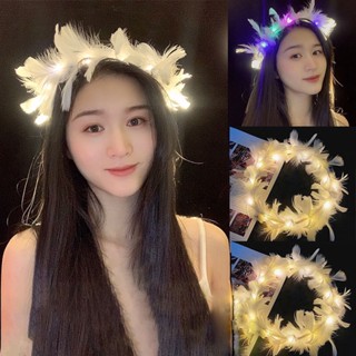 𝒂𝒍𝒆𝒑🌷ใหม่ Fairy Glowing Feather พวงหรีดหูกระต่ายสุทธิสีแดง Glitter Headwear เหมาะสำหรับการถ่ายภาพของขวัญแต่งงานในงานปาร์ตี้