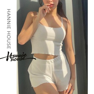Hannie- เสื้อสายเดี่ยว แต่งลูกไม้ หวานแหวว และกางเกงขาสั้น ยางยืด สองชิ้น สําหรับผู้หญิง