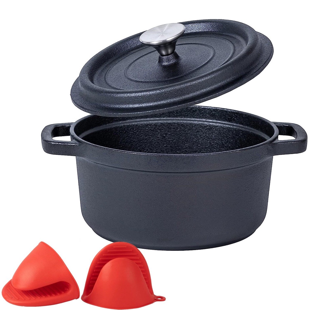 24/26cm Pre-seasoned Cast Iron Dutch Oven With Handles, Lid And Silicone Accessories, Black Cast Iron Skillet, Pre-seaso