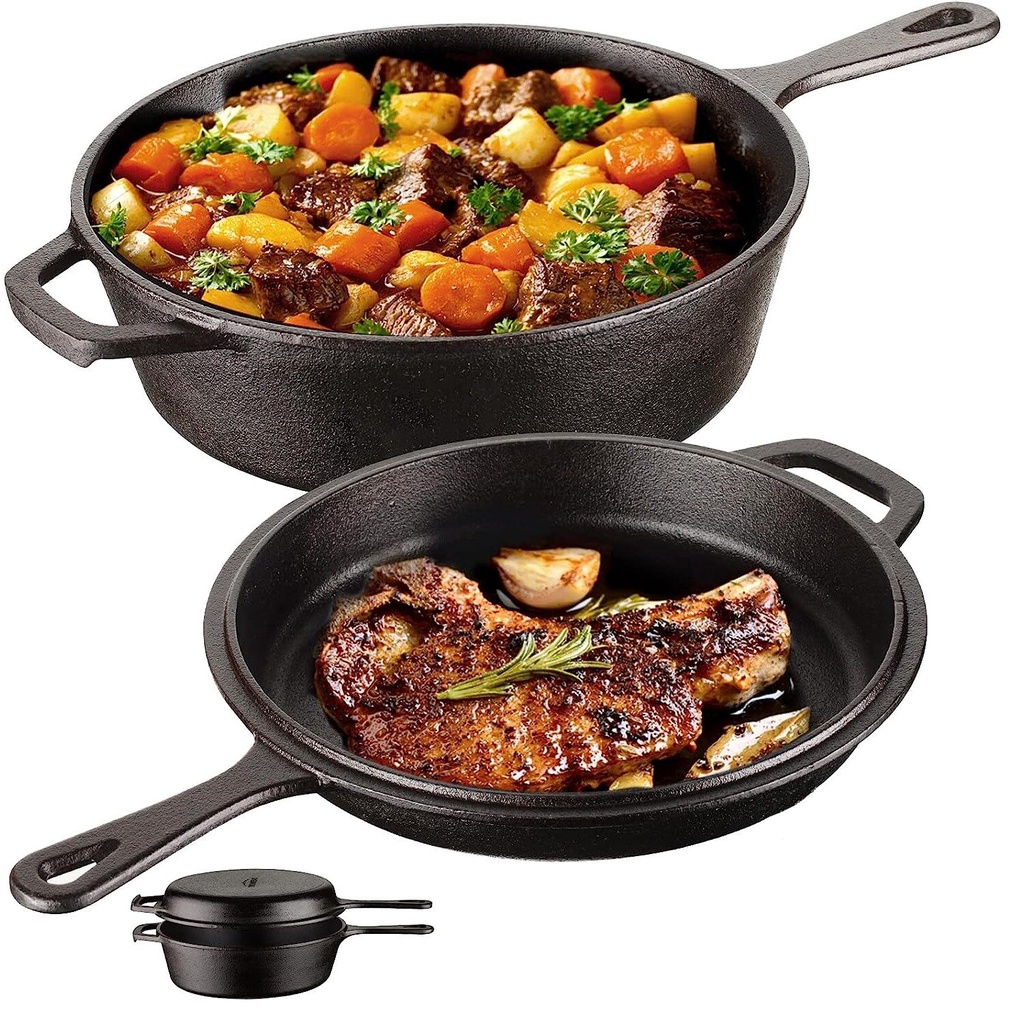 Cast Iron Dutch Oven with dual use Skillet lid for Oven, Induction, Electric, Grill, Stovetop, (3.2QT Pot, 26cm)