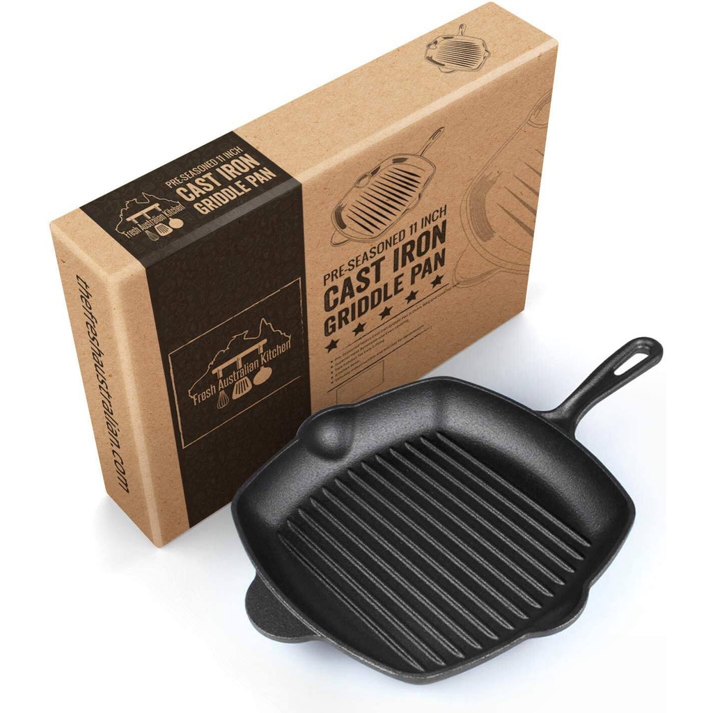 Pre-Seasoned Cast Iron Skillet - 26cm Cast Iron Grill Pan w/ Cooking Ridges - Camping Accessories for Cooking - Home &amp; K