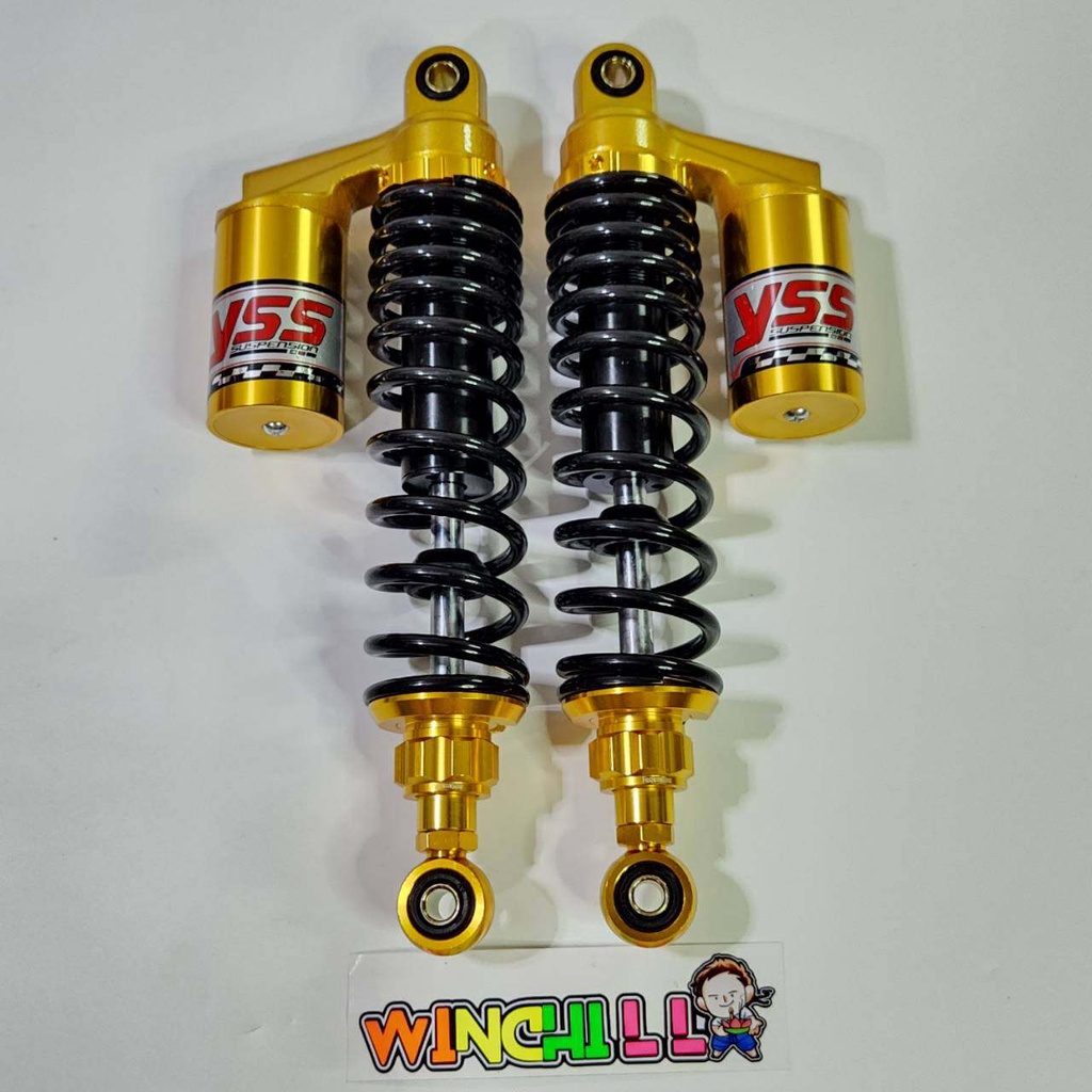 โช้คหลัง ทรงโชบิ รุ่นมีกระปุก ดำแป้นทองกปทอง แก๊สกึ่งน้ำมัน ปรับรีบาวน์หลอก + สติ๊กเกอร์โช้ค(คละแบบ) WAVEทุกรุ่น/ DREAMทุกรุ่น โช๊คหลัง 310 มิล