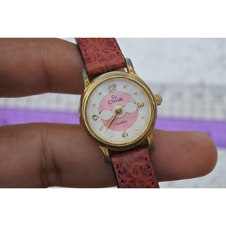 นาฬิกา Vintage มือสองญี่ปุ่น CHEVAL ระบบ QUARTZ ผู้หญิง ทรงกลม กรอบทอง หน้าขาว หน้าปัด 25มม