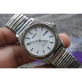 นาฬิกา Vintage มือสองญี่ปุ่น SEIKO CHRONOS 8123 7090 ระบบ QUARTZ ผู้ชาย ทรงกลม กรอบเงิน หน้าขาว หน้าปัด 37มม