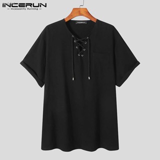 Medussa INCERUN Mens Retro Casual Shirts Short Sleeve V Neck Lace Up Hippy Blouse Tops(Western Style)