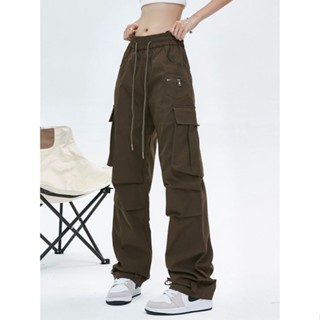 Army Green Retro Street Multi-Pocket Overalls Women s Loose Straight Tide Brand Slender Casual trousers