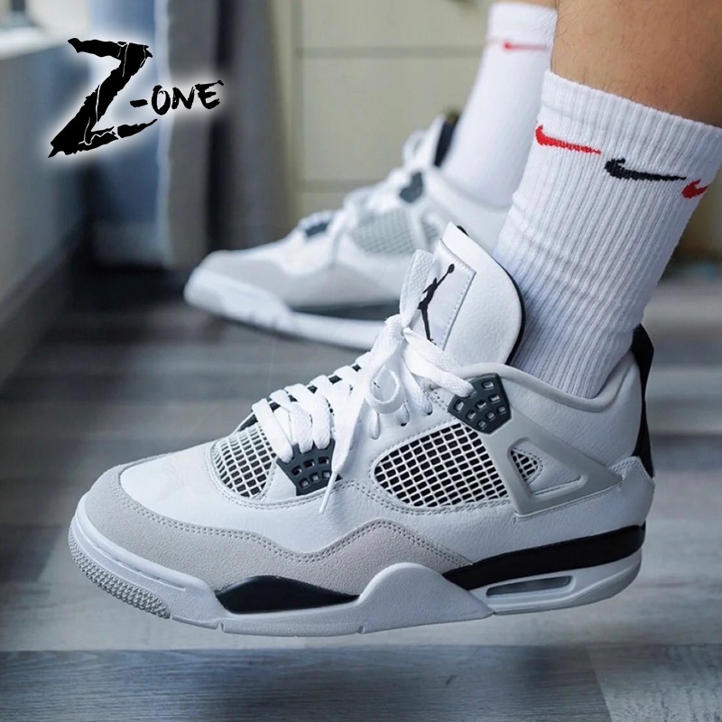 รองเท้าผ้าใบ nike✈Unisex Air Jordan 4 AJ4 OFF-WHITE " Sail Bred Fire Red Basketball Shoes Sneakers