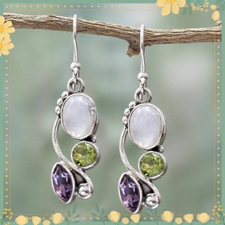 Zhao Marquise Round Faux Moonstone Emerald Amethyst Hook Earrings