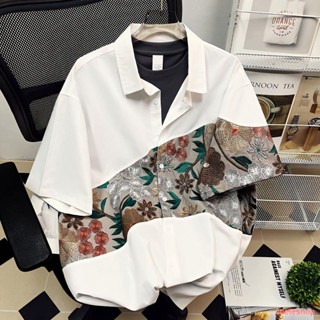 ❣SPOT🧡เสื้อเชิ้ตแขนสั้นงานปักอุตสาหกรรมหนักเสื้อเชิ้ตแนวสตรีทของยุโรปและอเมริกา