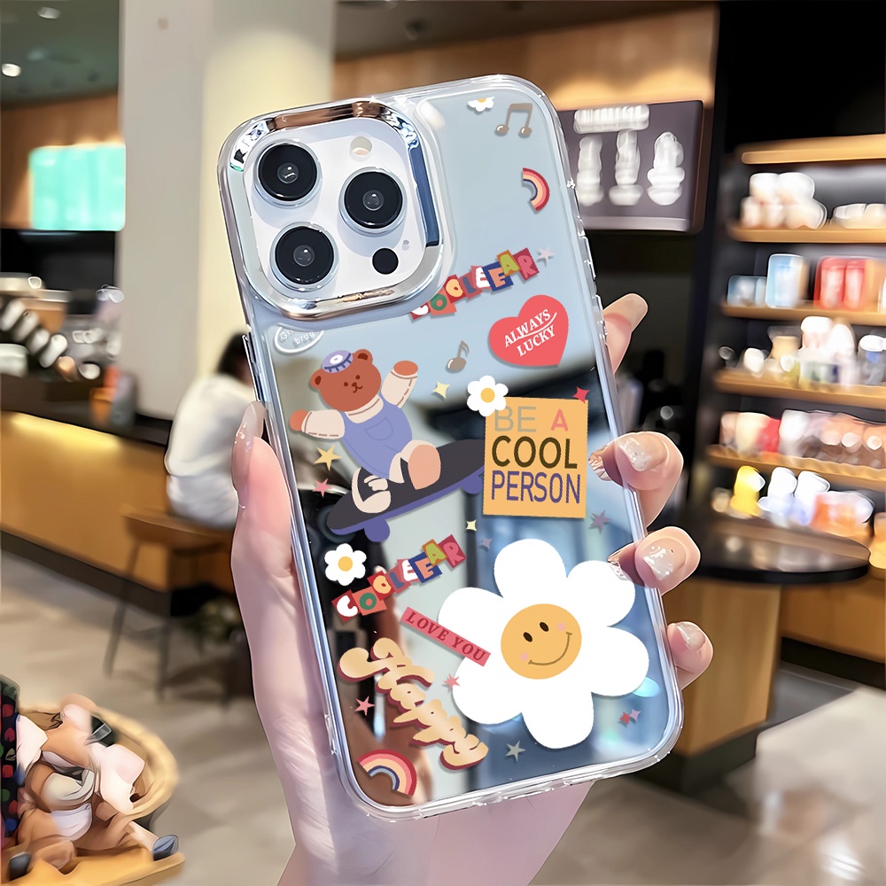 เคสโทรศัพท์มือถือ กรอบโลหะ ลายดอกทานตะวัน และหมี สําหรับ iphone 14 pro max 11 12 13 8 7 Plus X XR XSMax