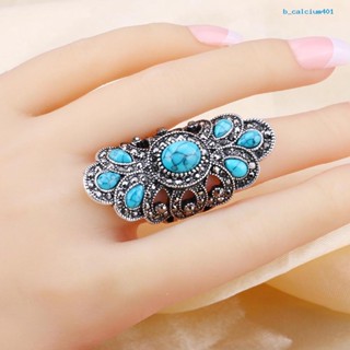 Calciumps Vintage Inlaid Turquoise Rhinestone Finger Ring Hollow Party Symmetric Jewelry