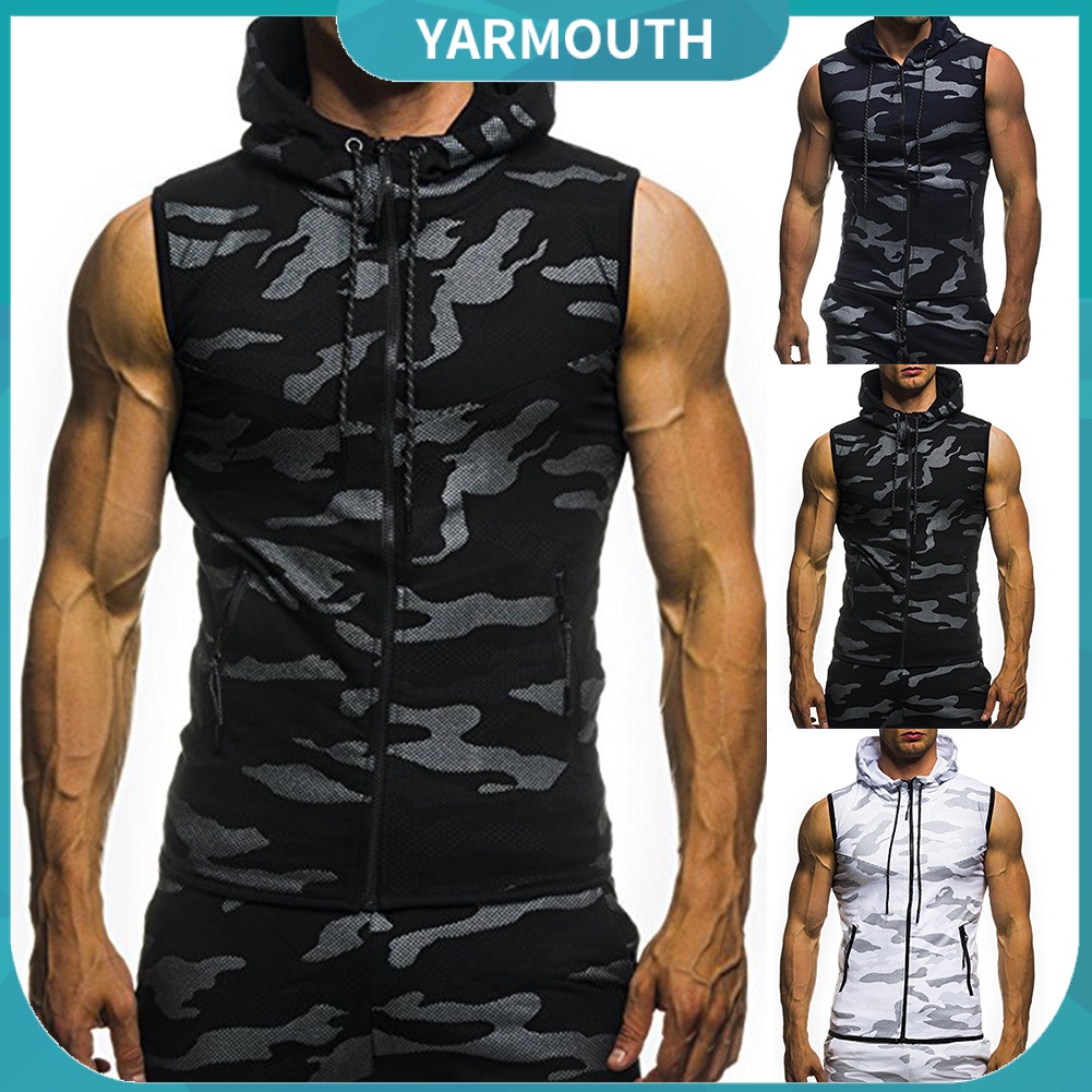 Yyr-- เสื้อกล้าม มีฮู้ด แขนกุด ลายพราง มีซิป ฤดูร้อน สําหรับผู้ชาย ใส่ไปยิม ฟิตเนส