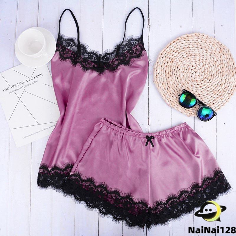 ชุดนอน เสื้อสายเดี่ยว พร้อมกางเกง ขาสั้น ประดับลูกไม้ สำหรับสตรี lace pajamas【NaiNai 128】