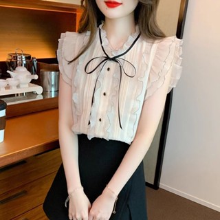 Gentle Style Lace-up Bow Chiffon Shirt Womens Polar Ear Edge Shirt 2023 Summer Sleeveless Elegant Top