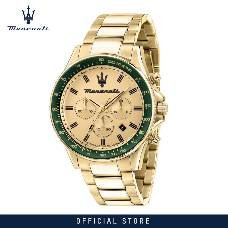 【2 Years Warranty】 Maserati Sfida 44mm Yellow Gold Dial Men's Chronograph Quartz นาฬิกาข้อมือ R88736