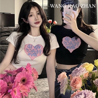 WANG JIAO ZHAN ใหม่ เสื้อยืดลําลอง แขนสั้น พิมพ์ลาย ทรงสลิมฟิต สําหรับสตรี