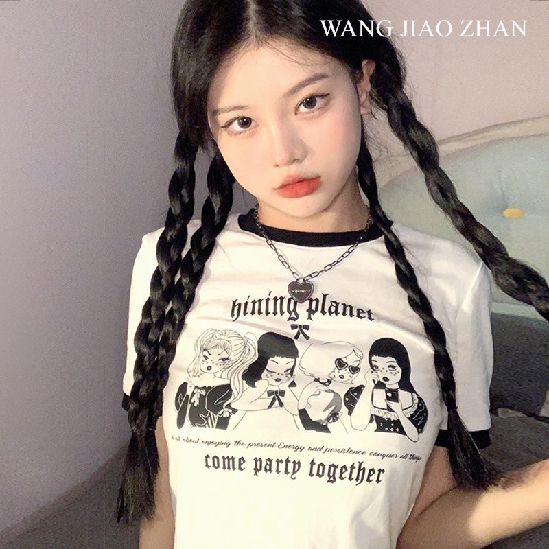 【WJZ】เสื้อยืดแขนสั้นคอกลมพิมพ์ลายการ์ตูนหวานของผู้หญิงทันสมัย【6696】