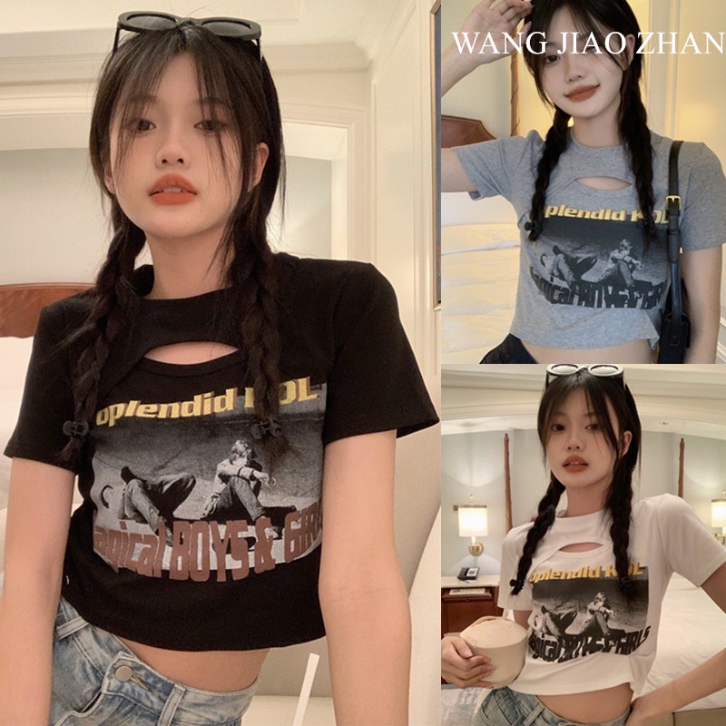 【WJZ】เสื้อยืดแขนสั้นดีไซน์โปร่งสไตล์เกาหลีสำหรับผู้หญิง【6797】