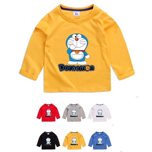 เสื้อยืดแขนยาวเด็ก 6 สีผ้าฝ้ายระบายอากาศและความสะดวกสบายแฟชั่นโดราเอมอนการ์ตูนบนเสื้อยืด